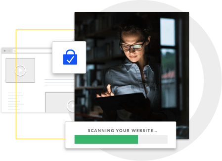 Woman looking at laptop, scanning website loading icon
